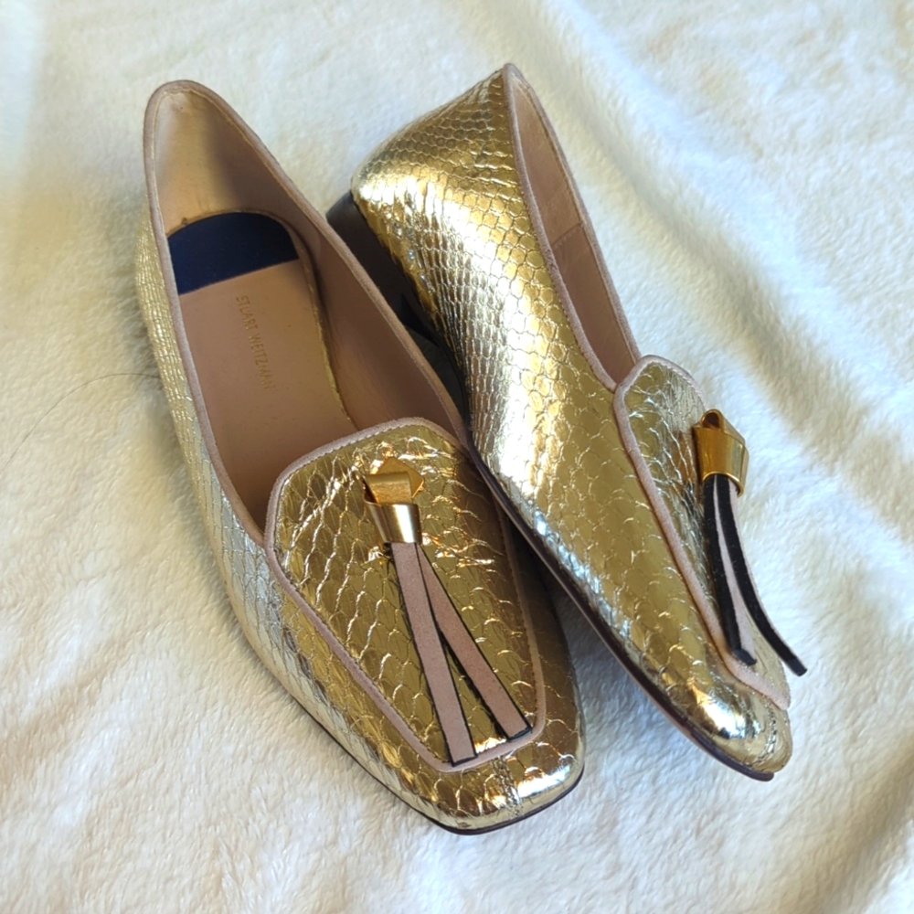Stuart Weitzman golden snake skin loafers